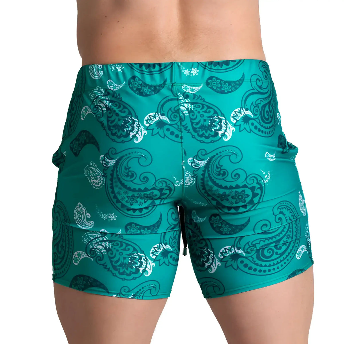 Teal and white paisley patterned swim trunks from gigo paradise beachwear ideal for beach and pool use