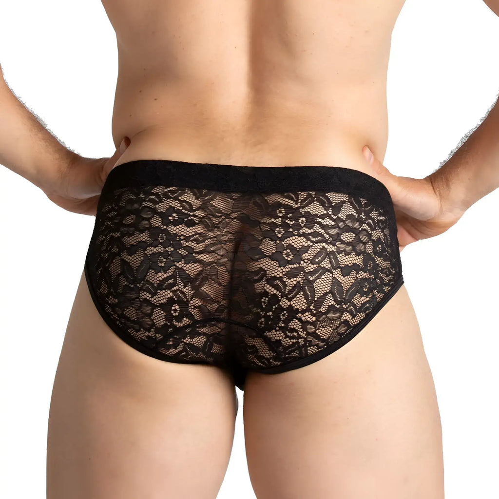 Gigo Paradise black lace briefs featuring intricate floral patterns and a solid black waistband for stylish comfort