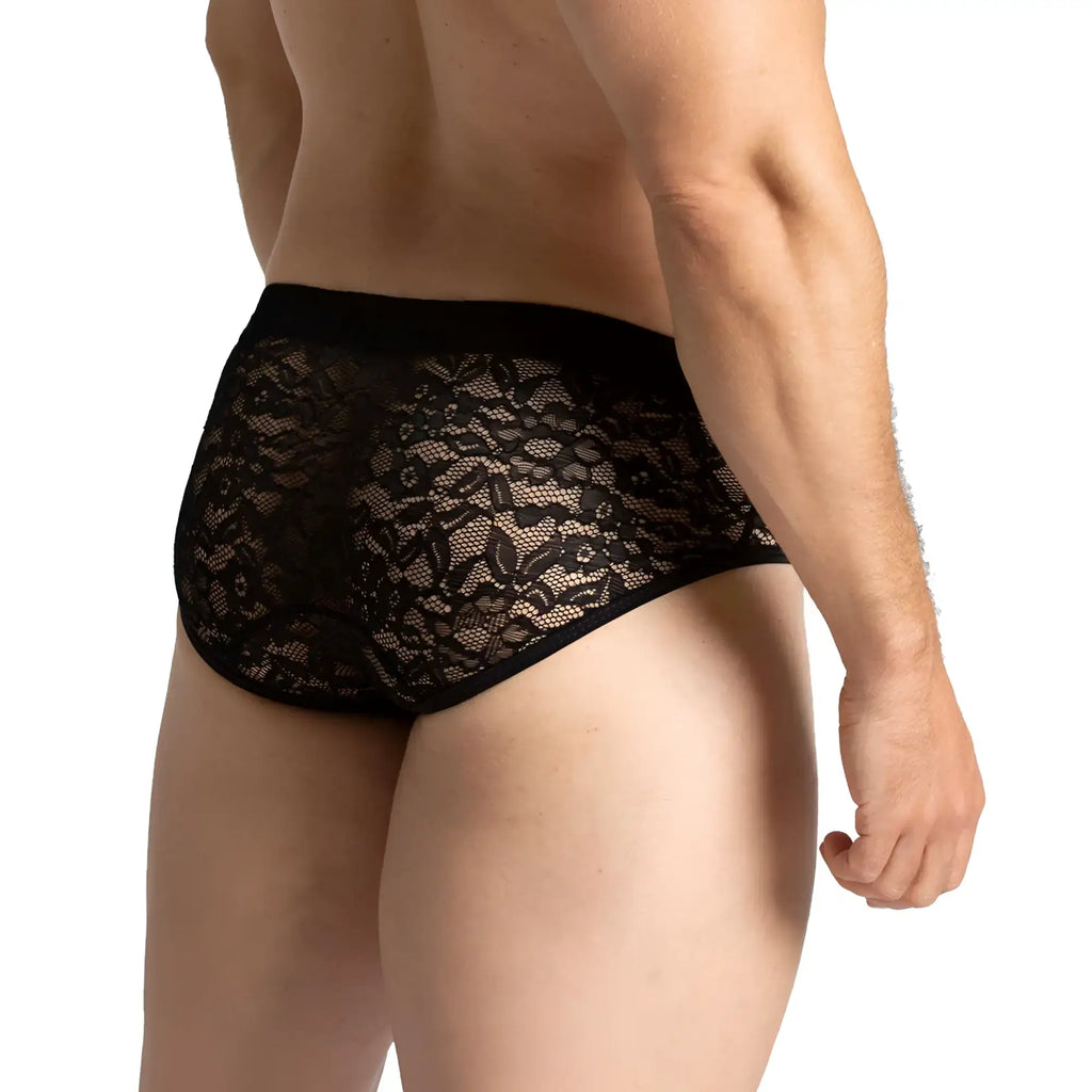 Black lace briefs gigo paradise with delicate floral pattern and solid black waistband front view
