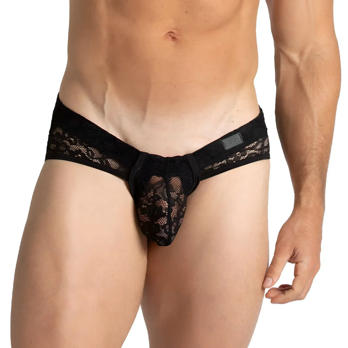 Gigo Paradise black brief lace thong with intricate floral patterns and a central mesh panel front view