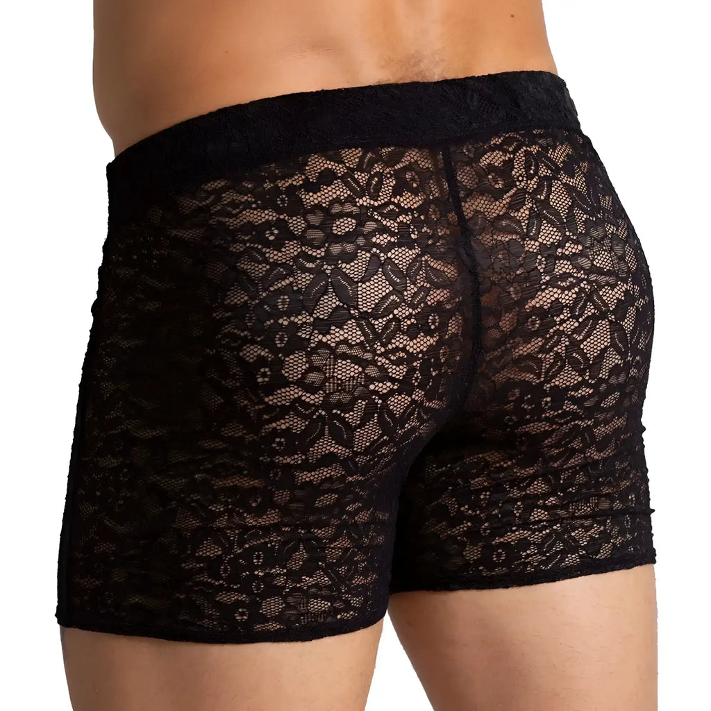 Gigo Paradise black hotshort lace boxer briefs with intricate floral pattern in sheer black lace fabric