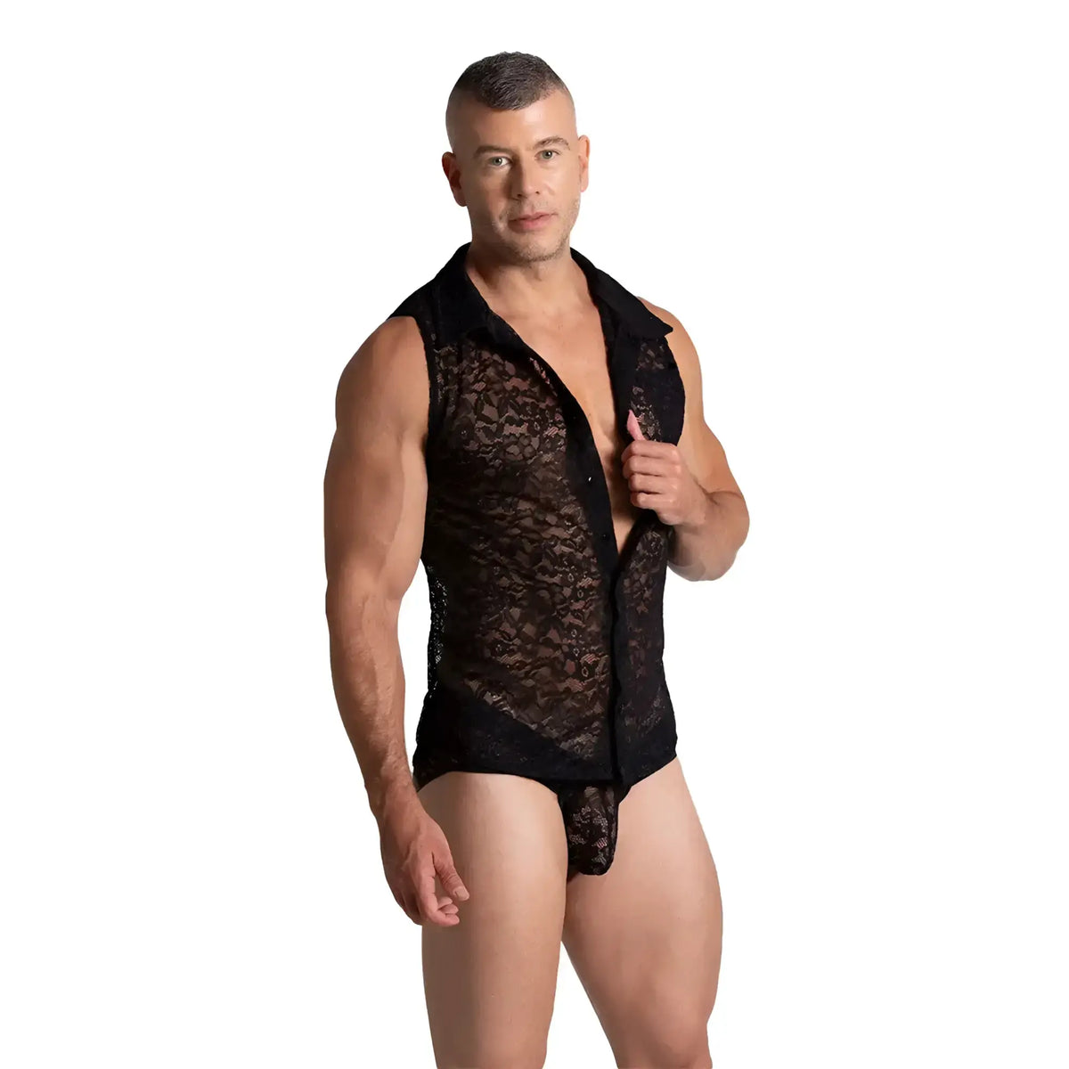 Black lace sleeveless vest with button-up front and collar from Gigo Paradise black shirt collection