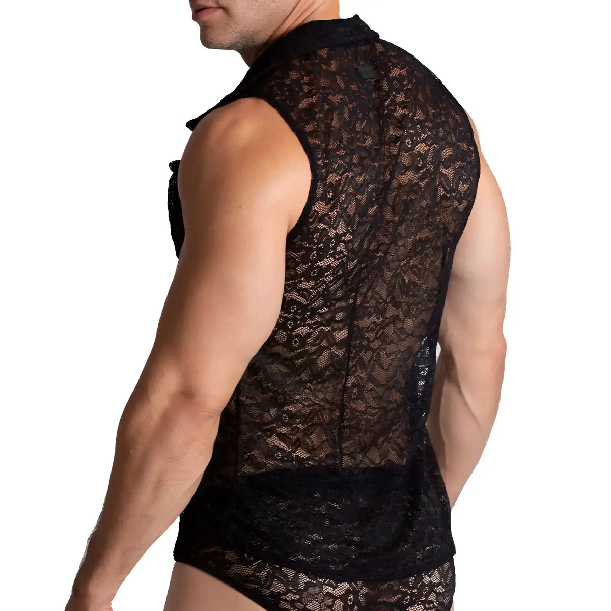 Black lace sleeveless vest with collar and intricate floral pattern from gigo paradise black shirt collection