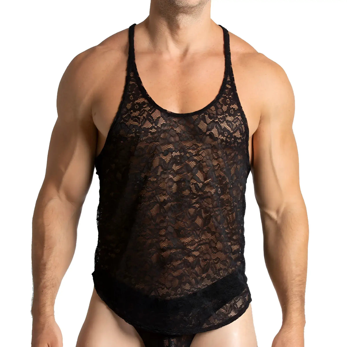 Gigo Paradise black tank black lace tank top with intricate floral patterns and a fitted sheer design