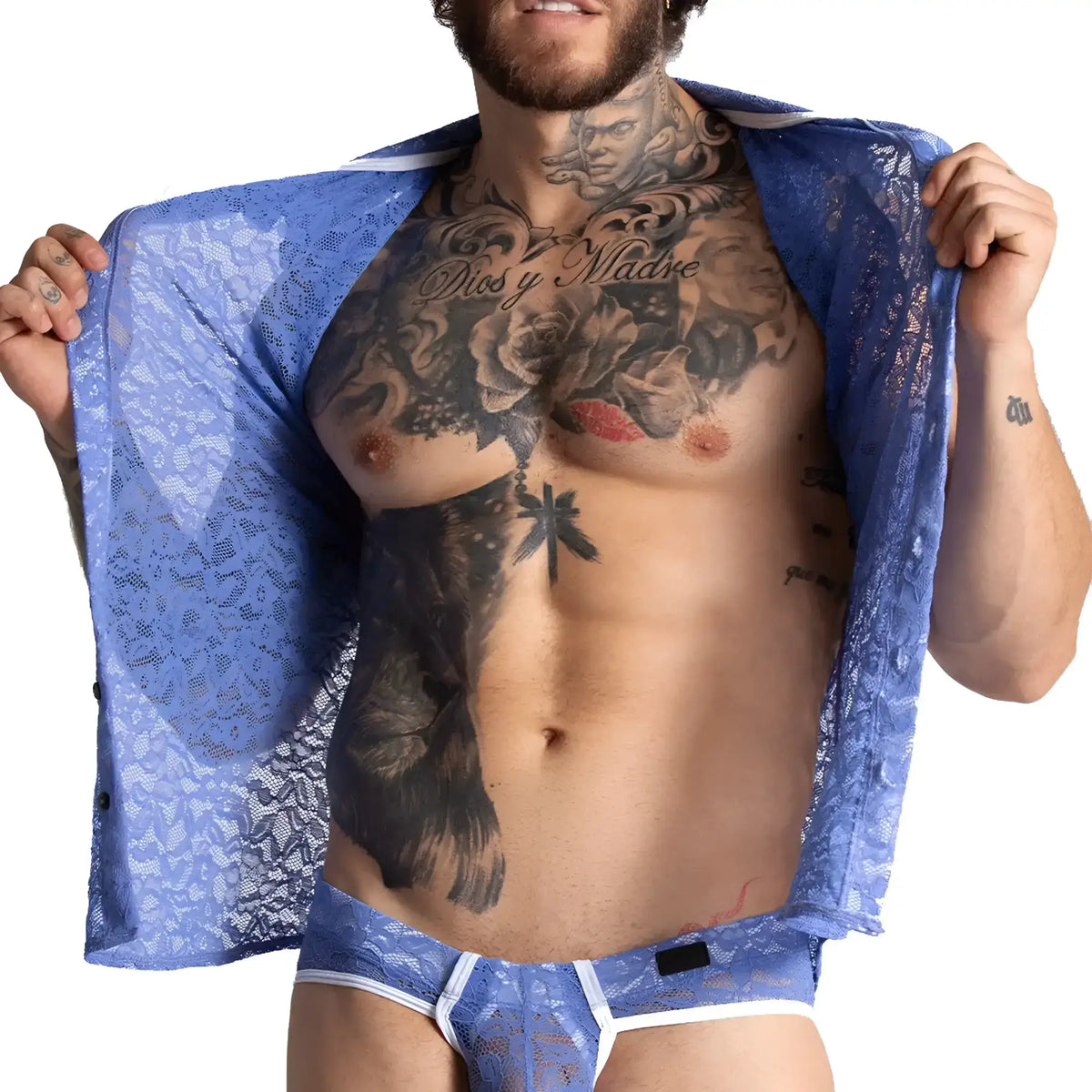 Blue lace mesh shirt with intricate floral and portrait patterns from gigo paradise blue brief collection