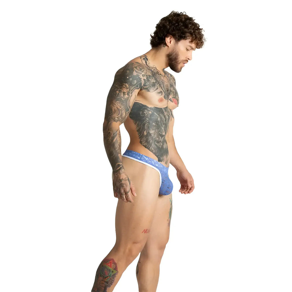 Blue lace-trimmed gigo paradise blue gstring menÃ¢â‚¬â„¢s briefs featuring delicate lace and a comfortable fit