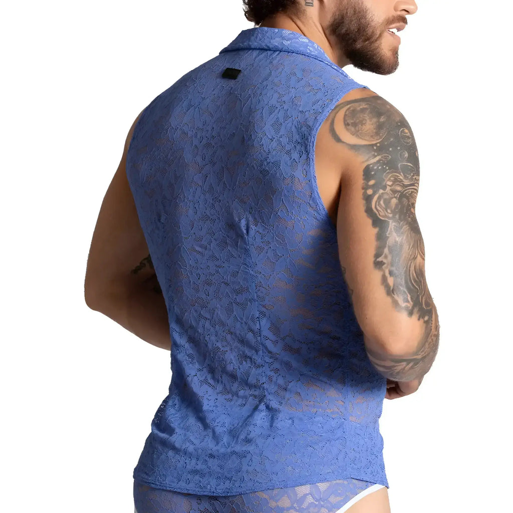Blue lace sleeveless shirt with collar and subtle pattern from Gigo Paradise perfect for casual wear