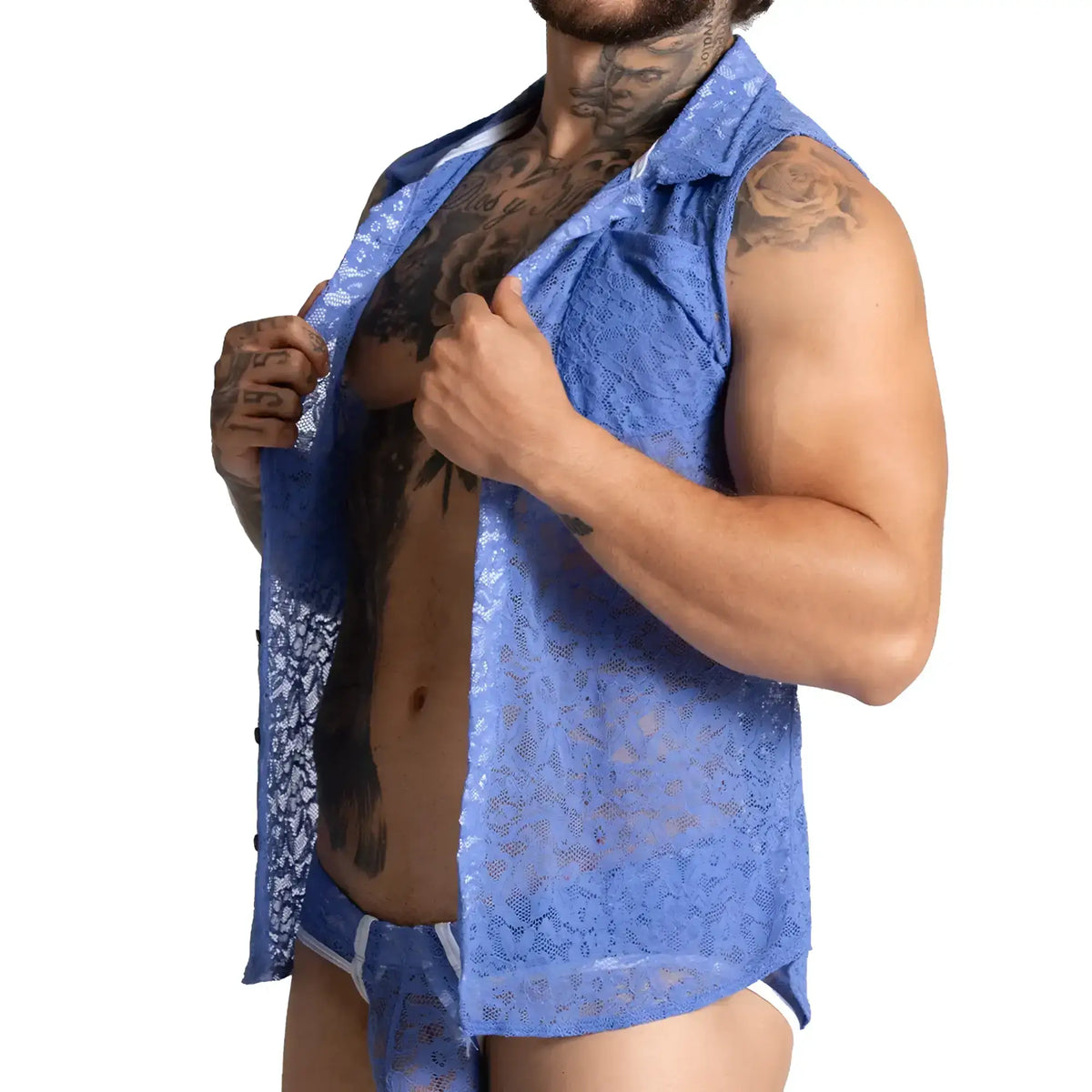 Blue lace sleeveless shirt with collar and button front design from gigo paradise for stylish summer wear