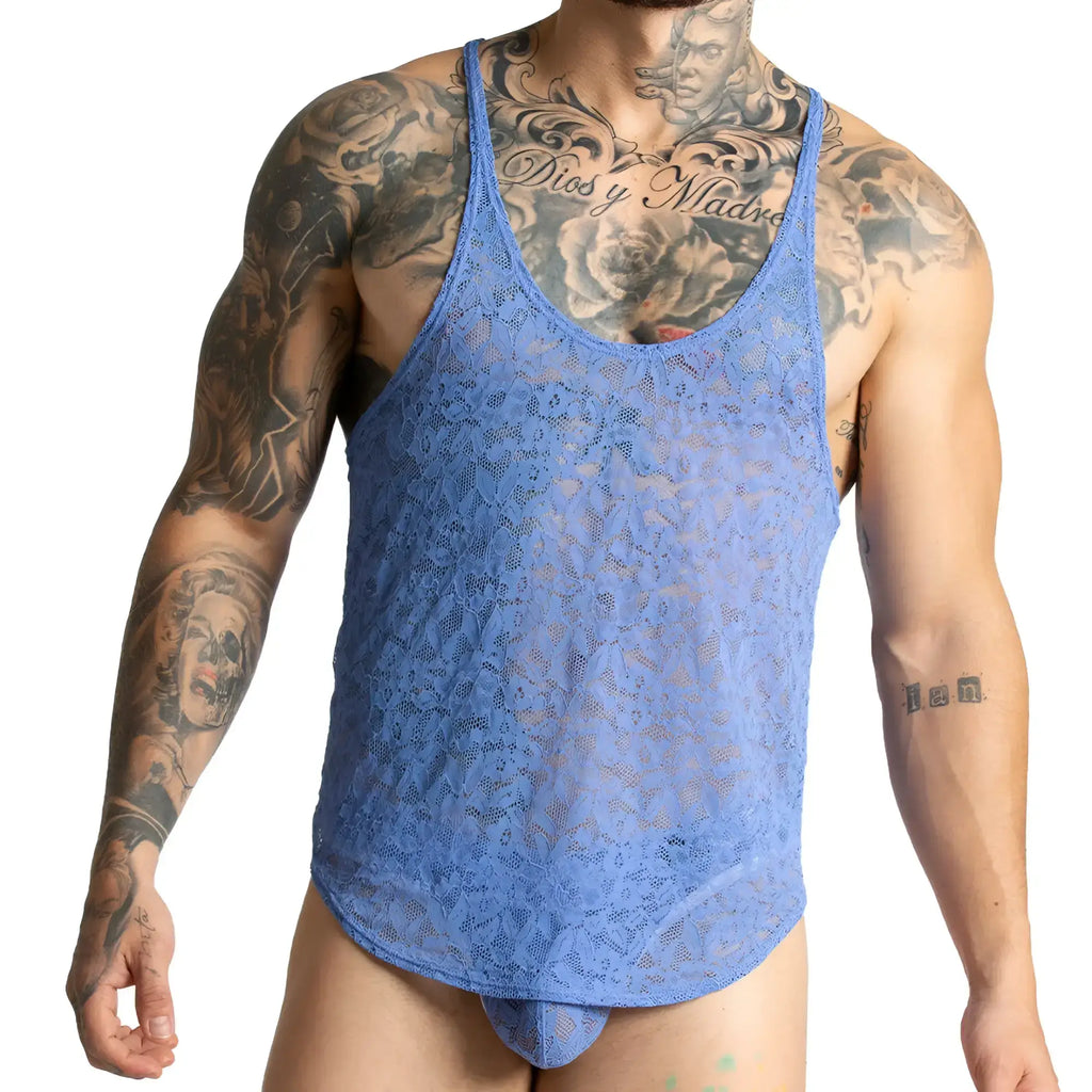 Gigo paradise blue tank blue lace menÃ¢â‚¬â„¢s tank top with sheer intricate floral pattern and low cut neckline