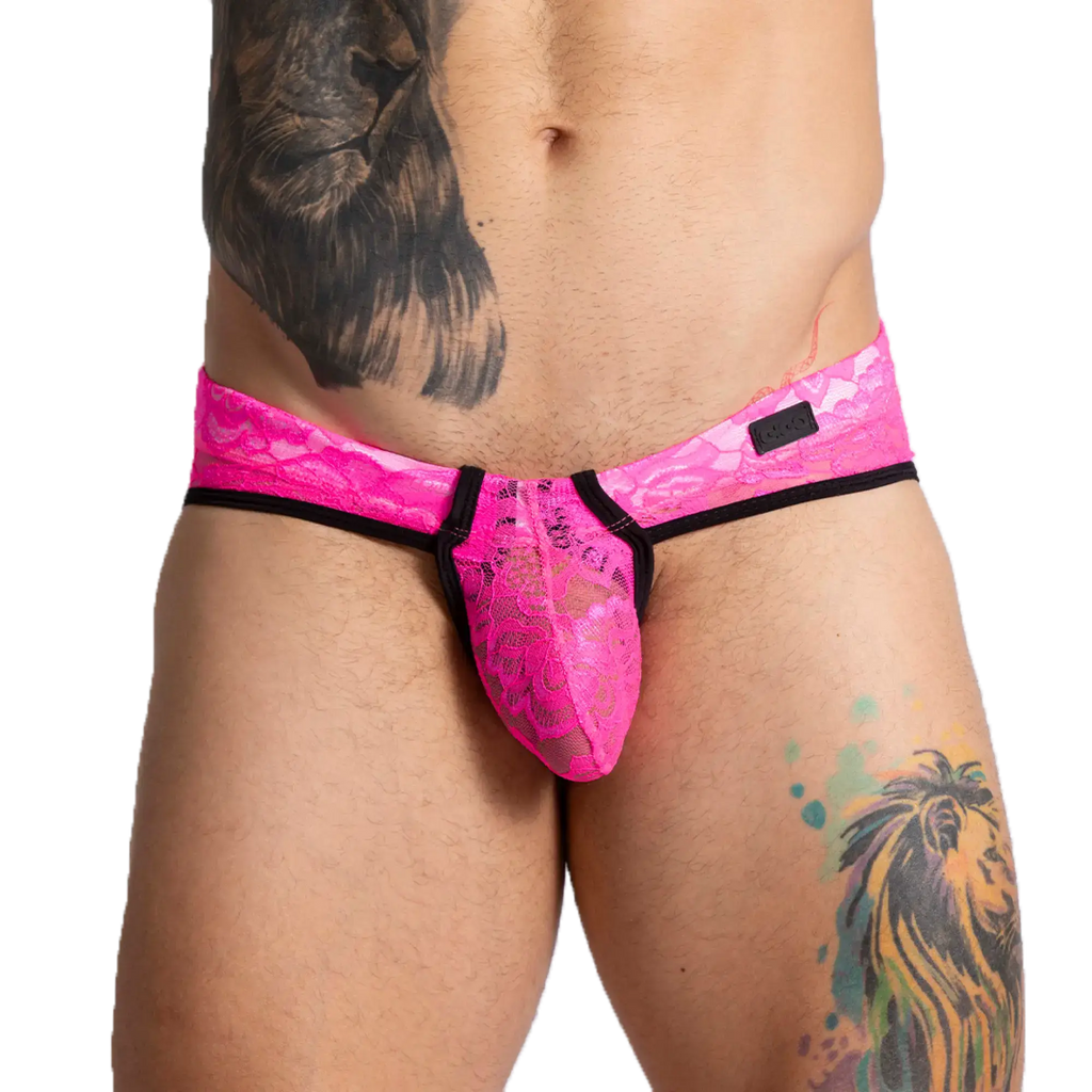 Bright pink lace thong with black trim and a small brand tag from Gigo Paradise Fucshia Brief collection
