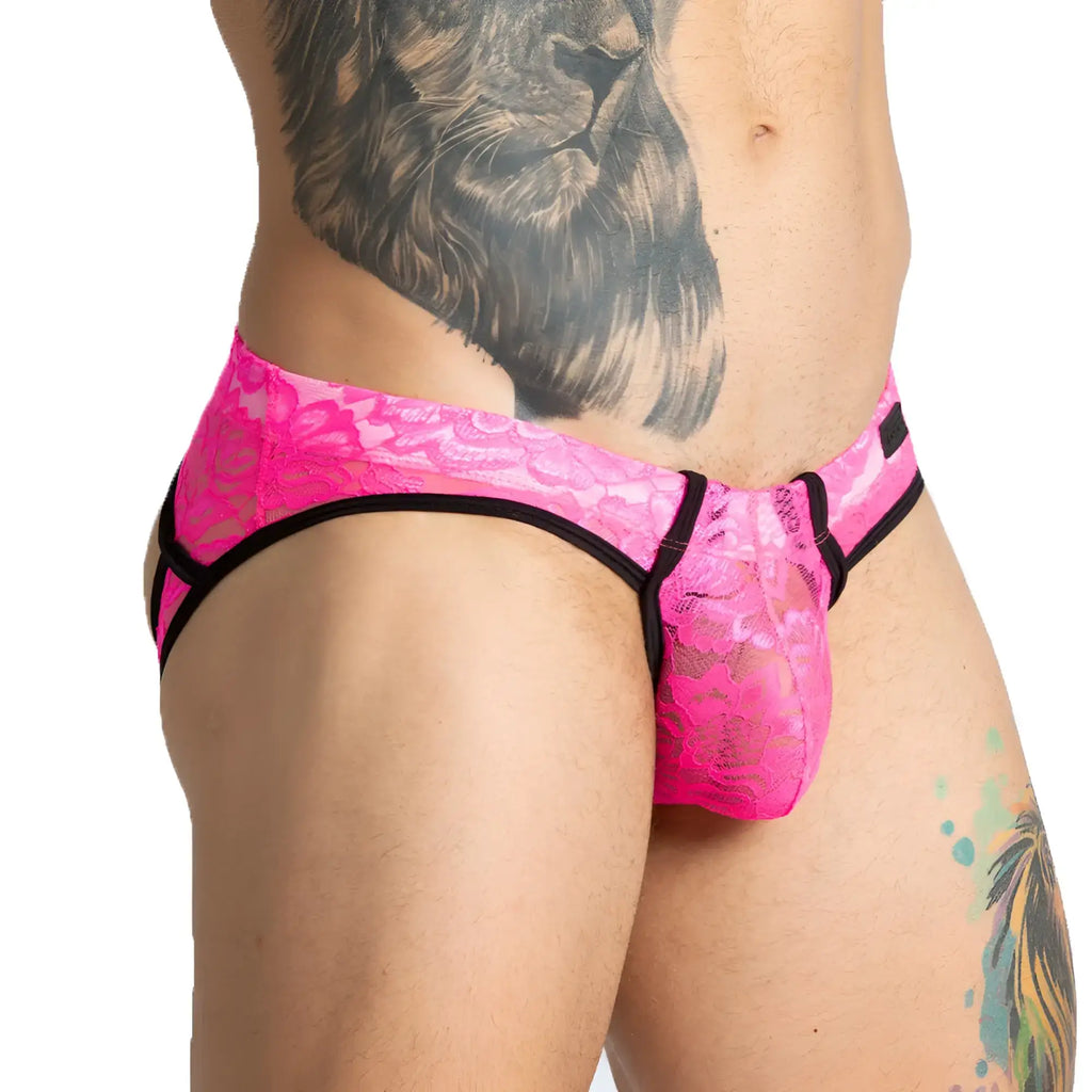Gigo Paradise fucshia brief jock featuring bright pink lace briefs with black trim for a bold look