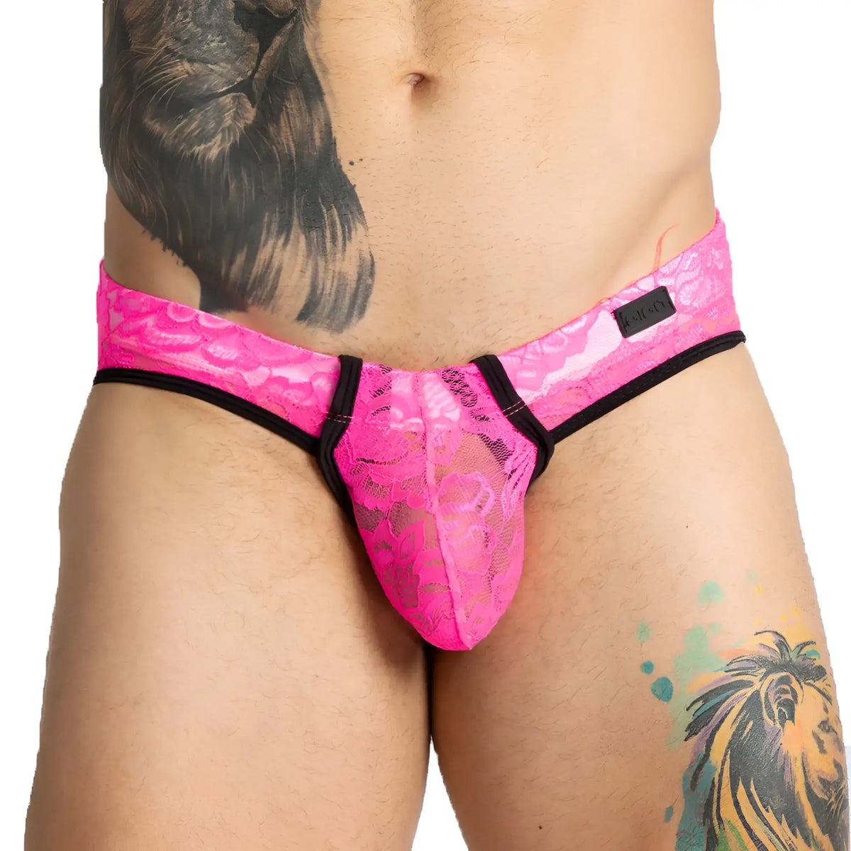 Bright pink lace thong with black trim and small brand tag from gigo paradise fucshia brief jock collection