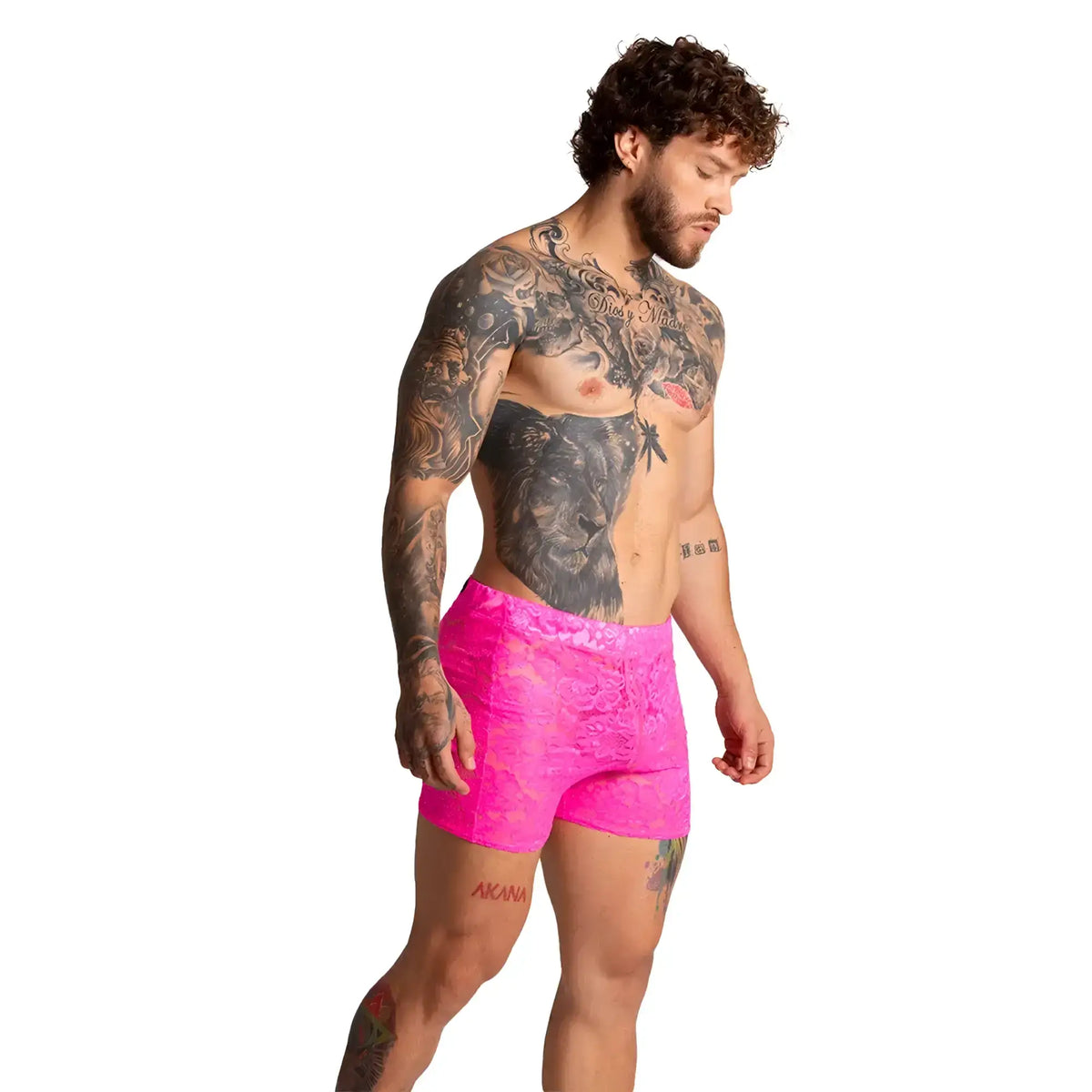 Vibrant pink lace shorts with delicate intricate pattern gigo paradise fucshia hotshort front view
