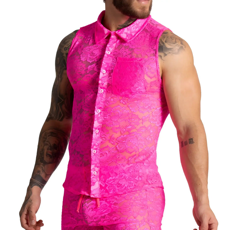 Gigo Paradise fuchsia shirt vibrant pink lace sleeveless collar button-front design for stylish wear
