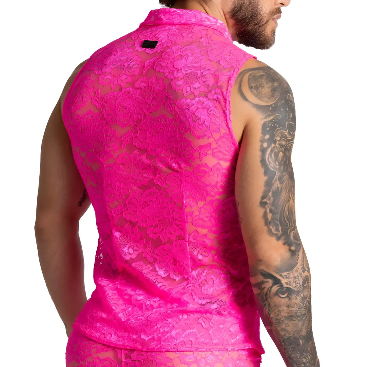 A vibrant pink lace sleeveless vest with intricate floral pattern and collar from gigo paradise fucshia shirt collection