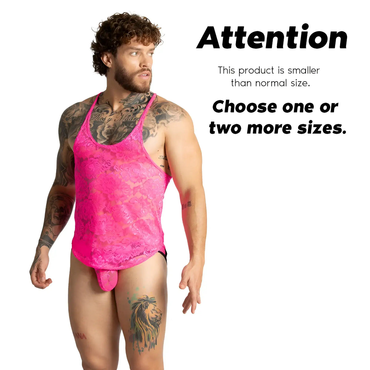 Vibrant pink lace menÃ¢â‚¬â„¢s underwear with matching thong and racerback design in gigo paradise fucshia tank style back view