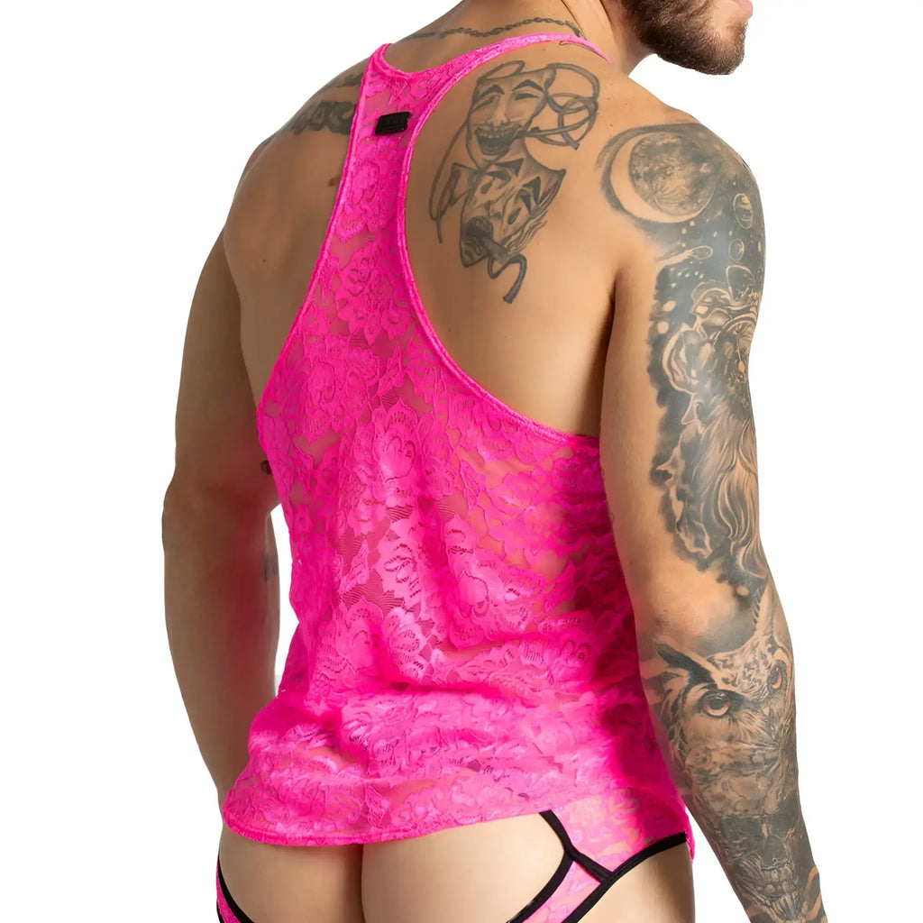 A vibrant fuchsia lace tank top with racerback design and intricate floral patterns by Gigo Paradise
