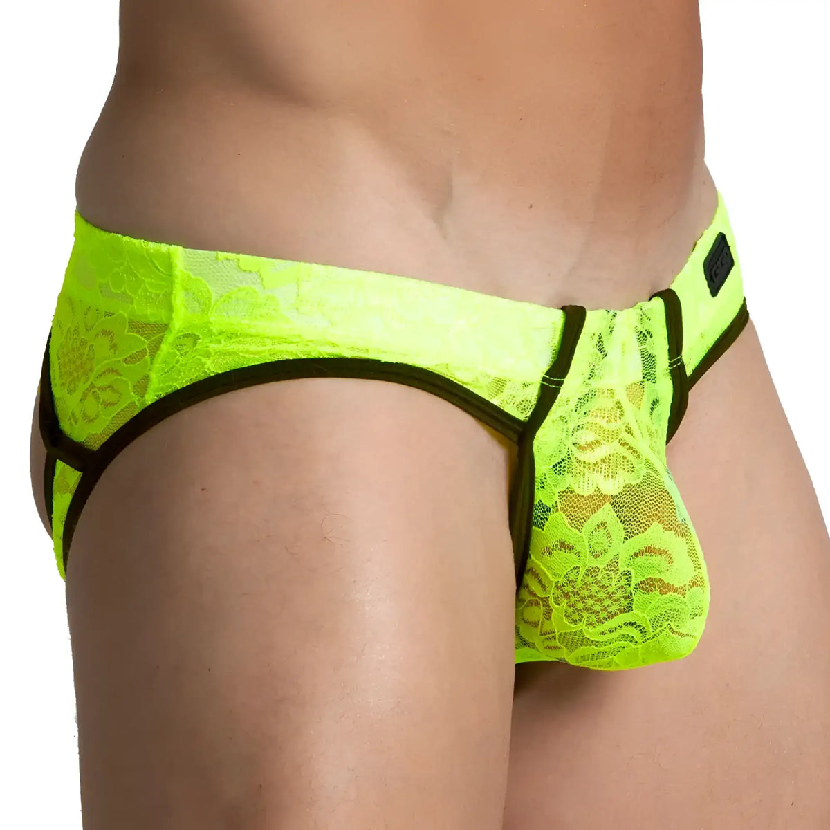 Neon green lace thong with black trim and small brand tag matching gigo paradise yellow brief jock design