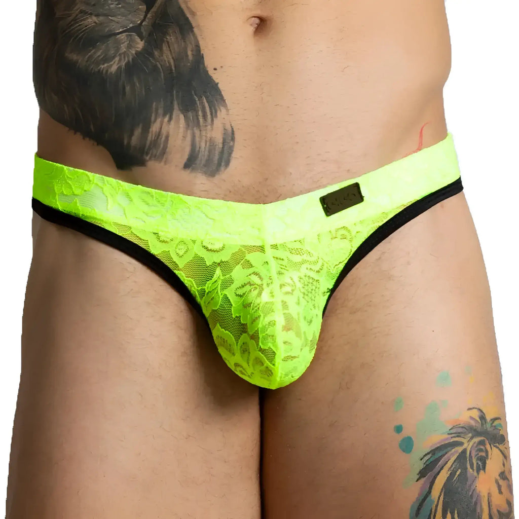 Neon green lace thong with black trim from gigo paradise yellow gstring collection for stylish intimate wear