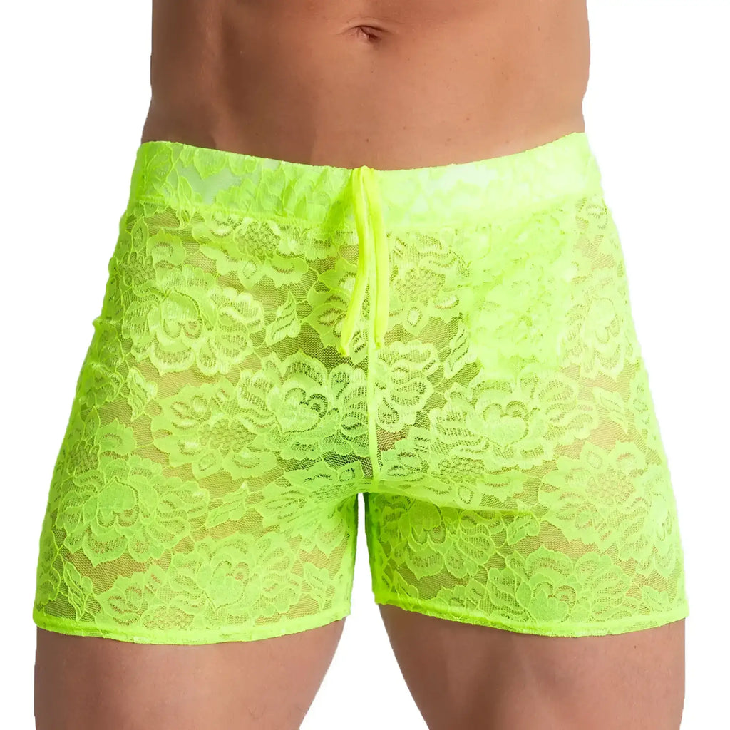 Gigo Paradise yellow hotshort neon green floral lace menÃ¢â‚¬â„¢s shorts with drawstring waistband for casual wear