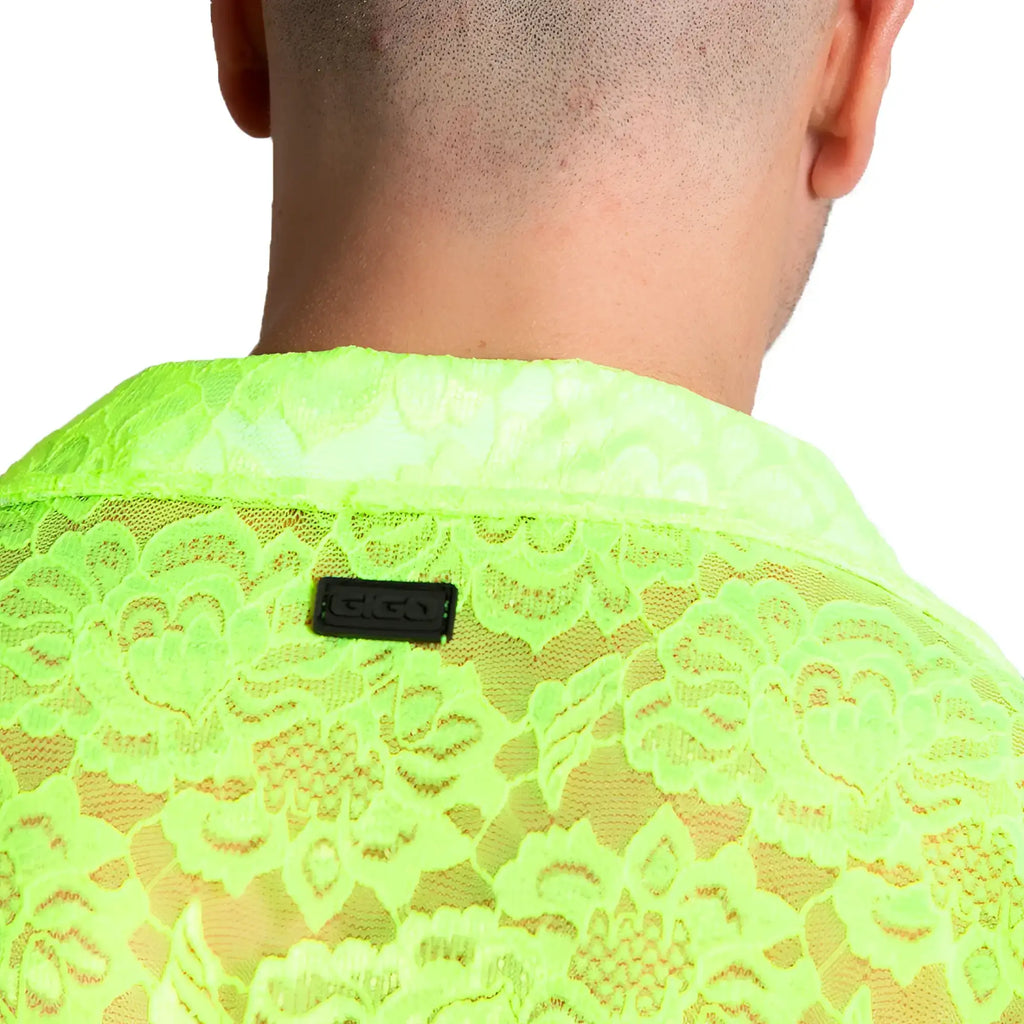 A vibrant neon green lace shirt with an intricate floral pattern and black brand tag at the collar from Gigo Paradise