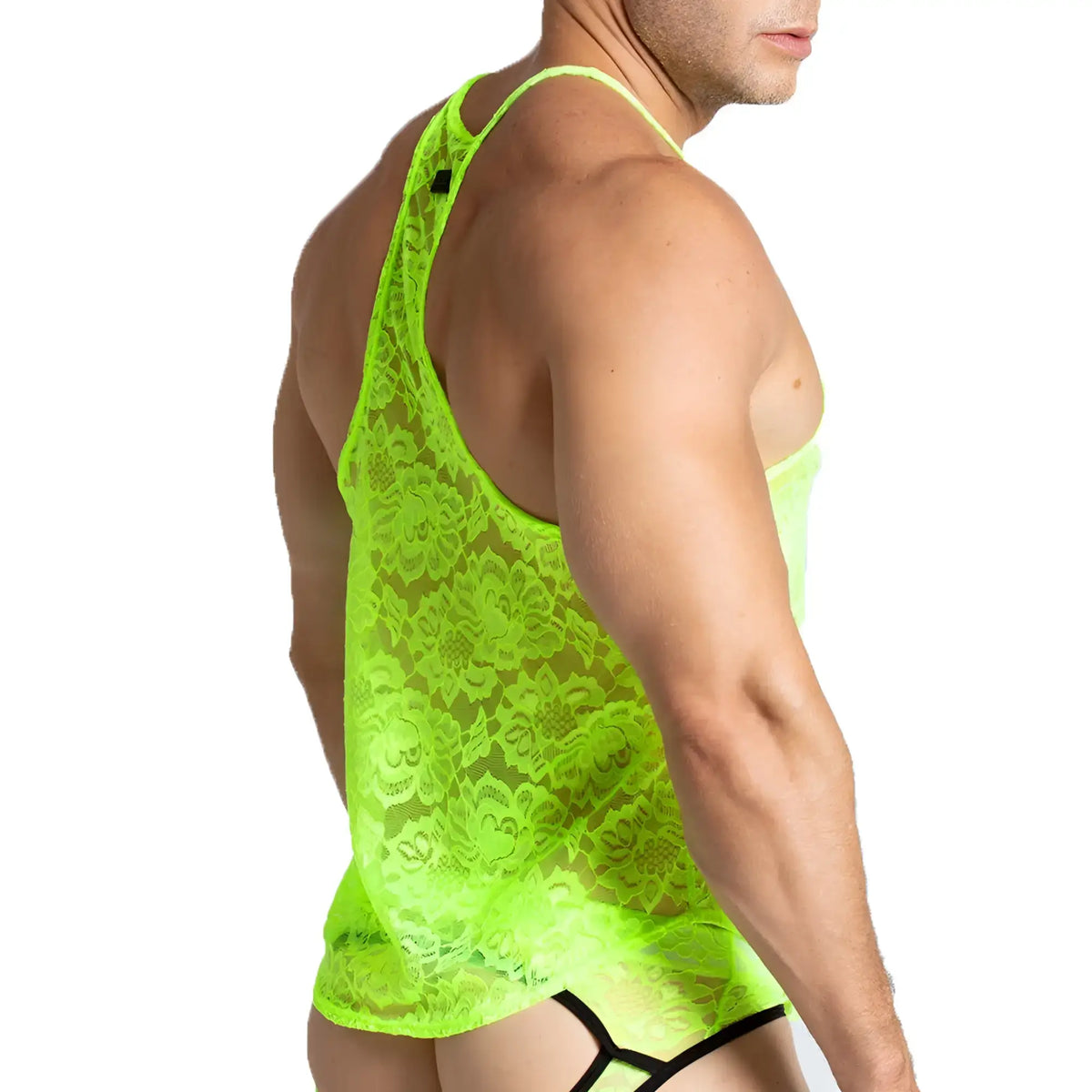 Neon green lace tank top with floral and skull patterns from gigo paradise yellow tank collection