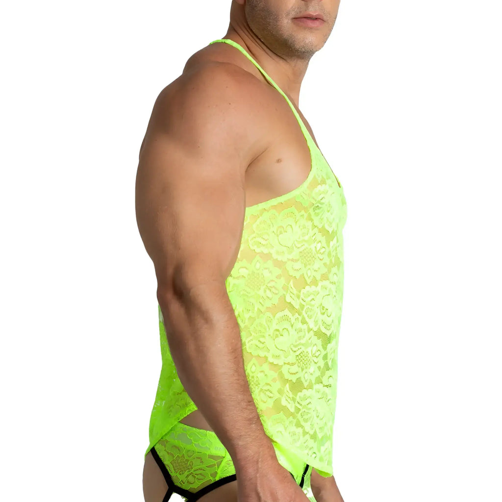 Neon green lace gigo paradise yellow tank top with floral pattern perfect for casual summer wear