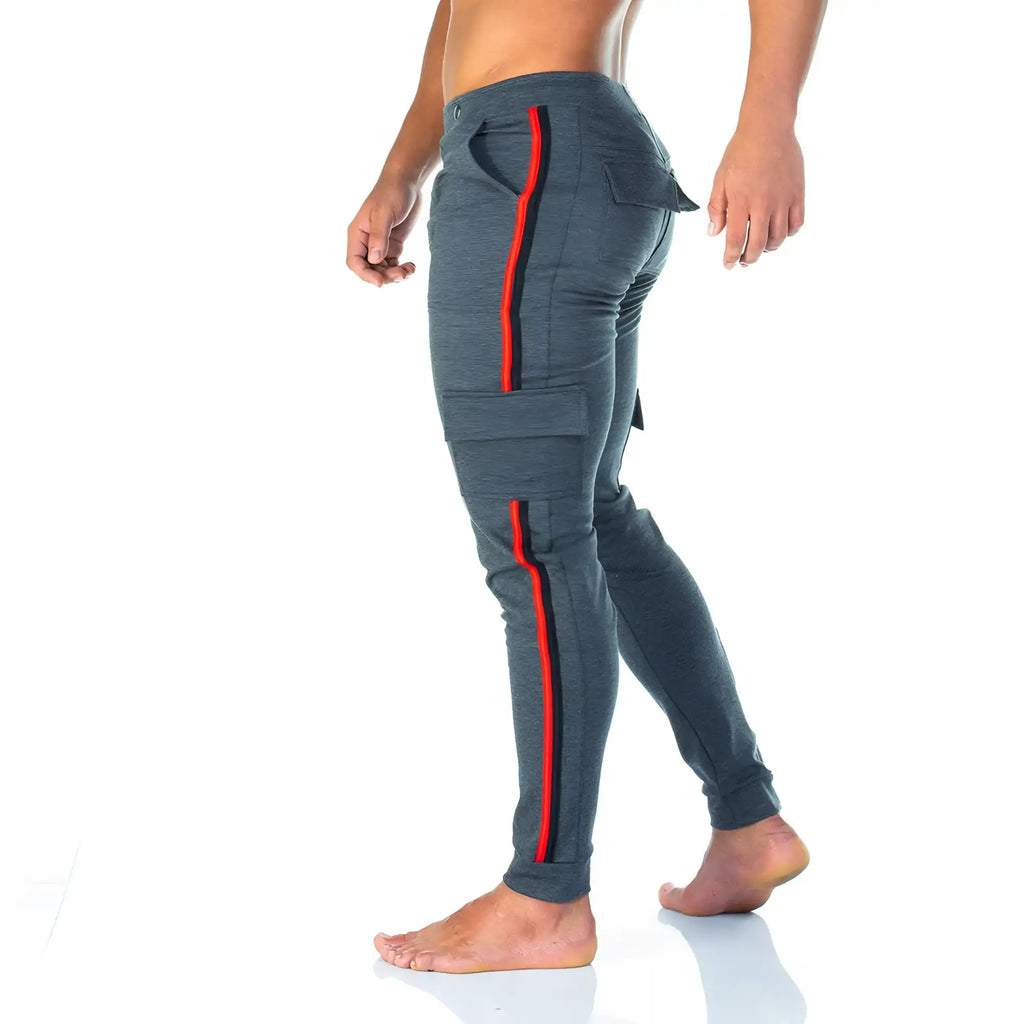 Gigo Party gray sportpants dark gray with red and black vertical stripes and cargo pockets for a sporty look