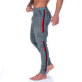 Gray plaid gigo party square sportpants with bold red and black side stripes designed for casual wear