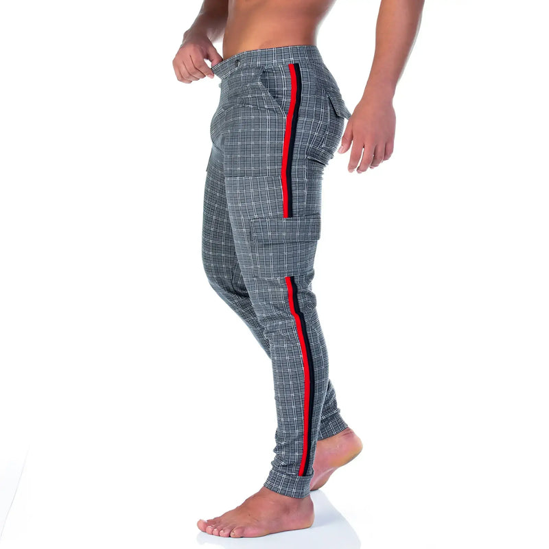 Gray plaid gigo party square sportpants with bold red and black side stripes designed for casual wear