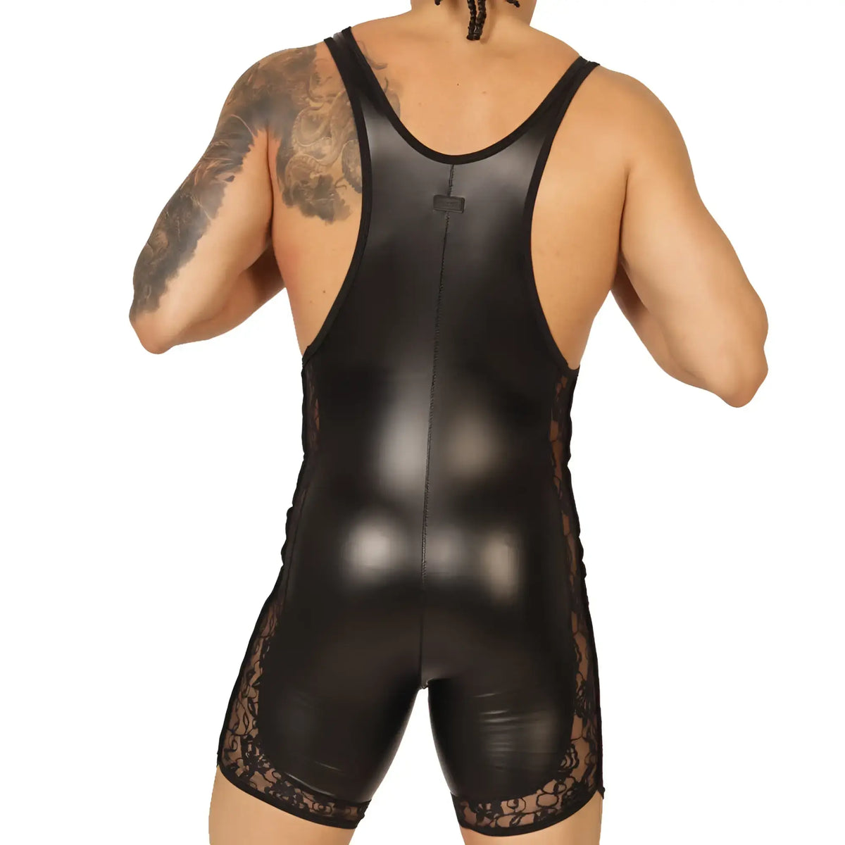 Black glossy vinyl wrestling singlet with lace trim along sides and back shown from the back side gigo passione black body