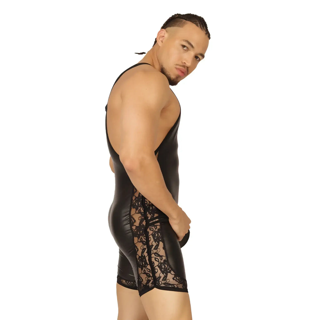 Gigo Passione black body glossy lace-trimmed bodysuit with floral patterns on sides in form-fitting material