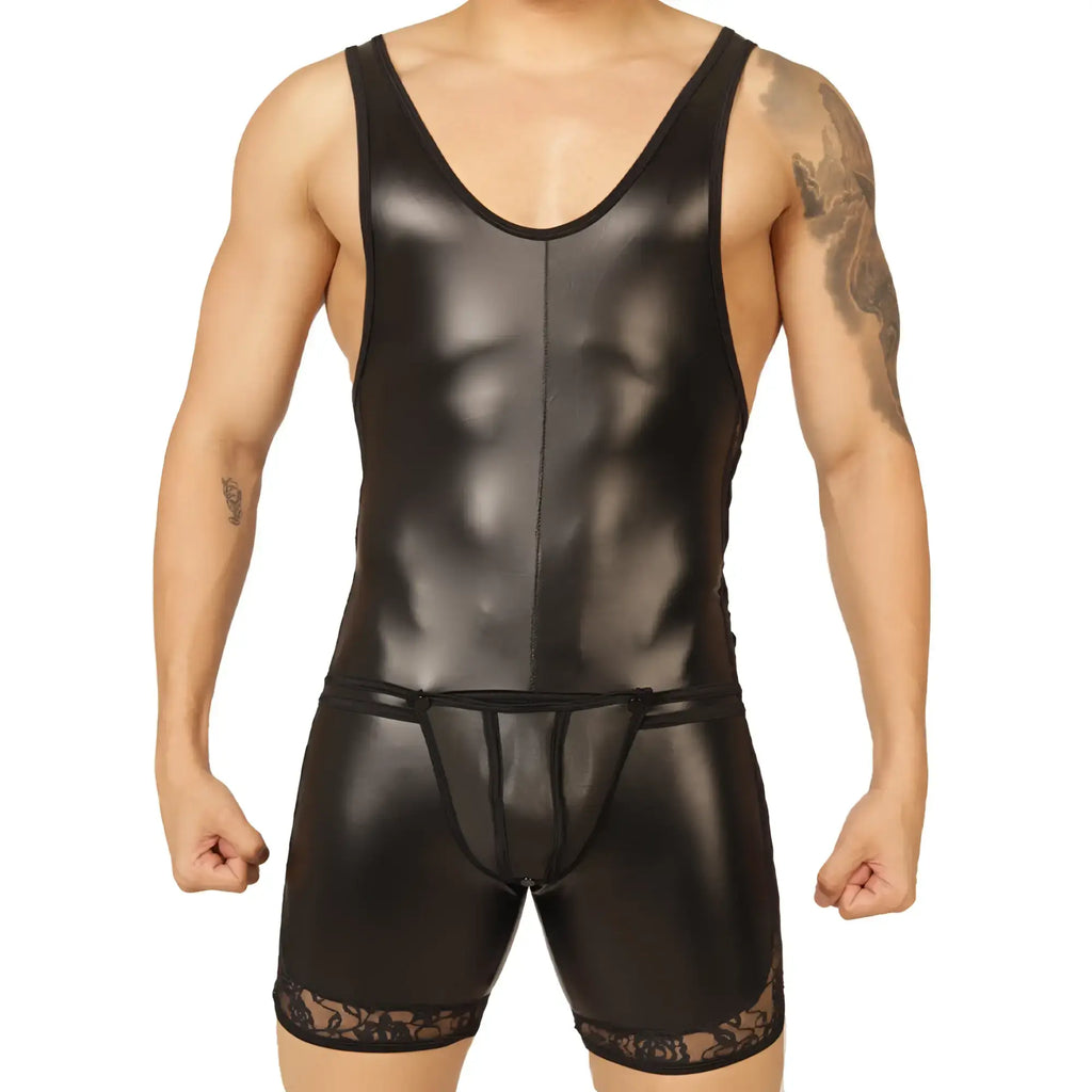 Gigo passione black body shiny latex wrestling singlet with lace trim at the hem