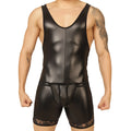 Gigo passione black body shiny latex wrestling singlet with lace trim at the hem