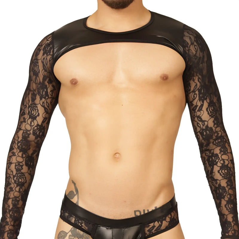 Gigo passione black harness long-sleeved top with black lace and shiny faux leather chest panel