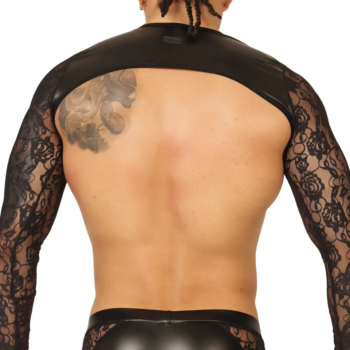 Black lace long sleeved top with glossy faux leather back panel shown from the back in gigo passione black harness