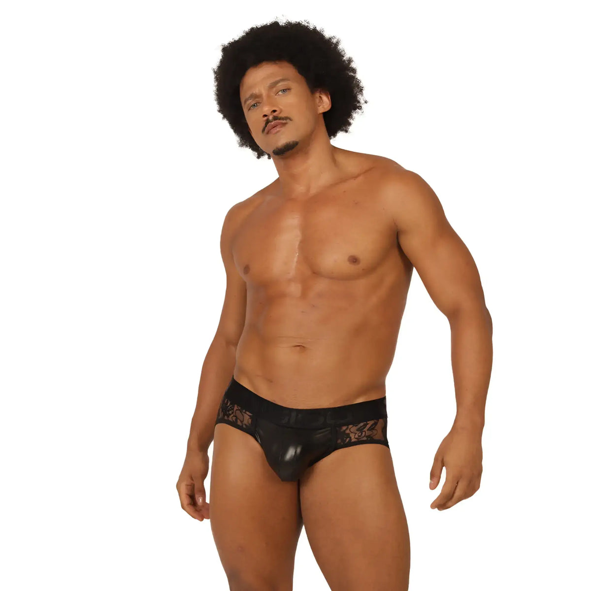 Gigo Passione black jock thong menÃ¢â‚¬â„¢s briefs with black lace trim and glossy sheer front panel for a bold look
