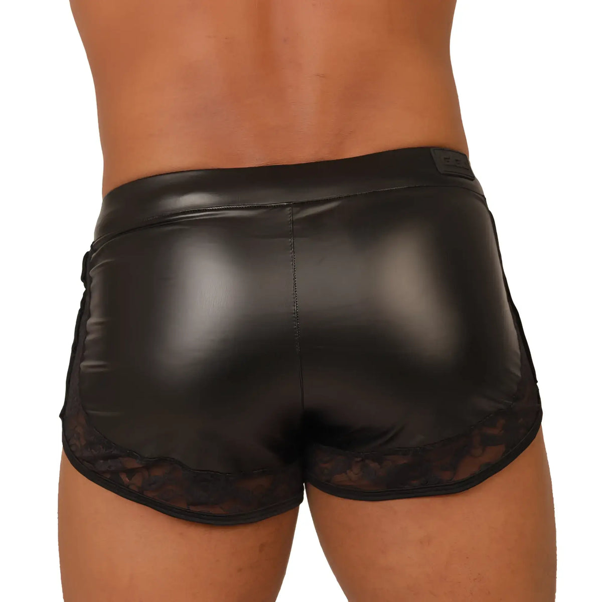 Gigo Passione black patent leather shorts with delicate lace trim adding a stylish feminine touch