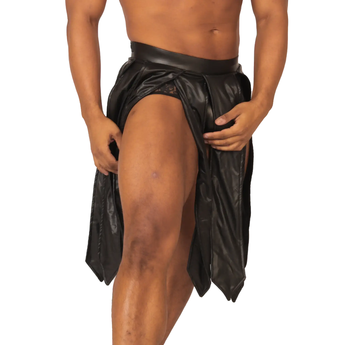 Gigo Passione black faux leather wrap-around shorts with high waist glossy finish and side slits visible on front side