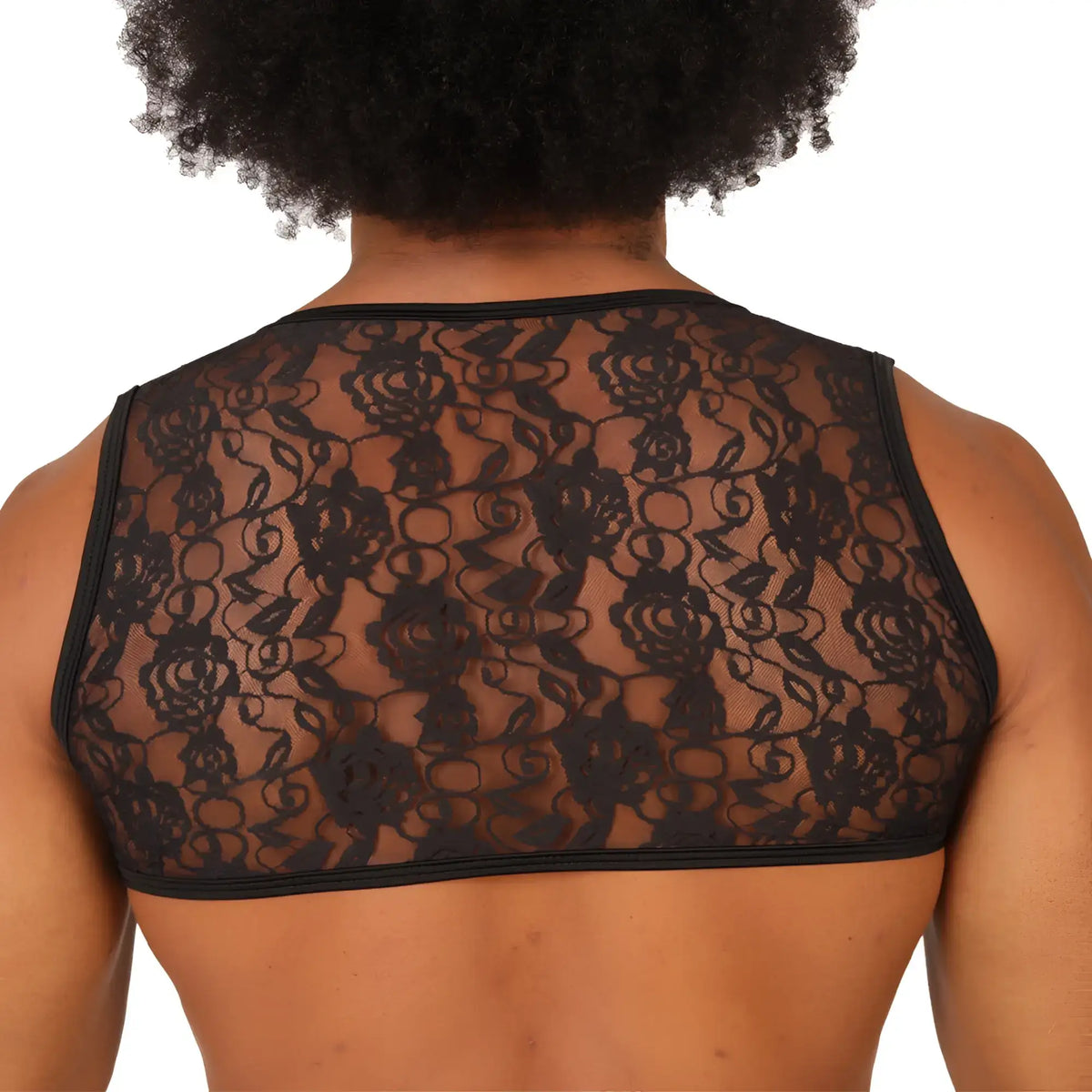 Black floral lace shoulder piece of gigo passione black vest harness showcasing intricate lacework design