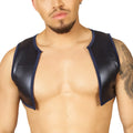 Gigo Passione black vest harness in black patent leather with navy blue trim and sleek design
