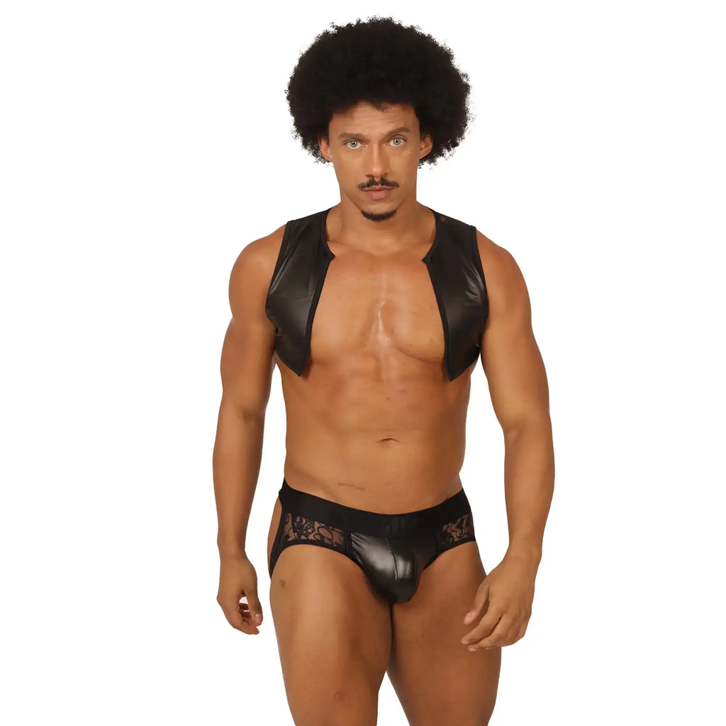 Black shiny faux leather vest harness and matching lace trimmed briefs from gigo passione collection