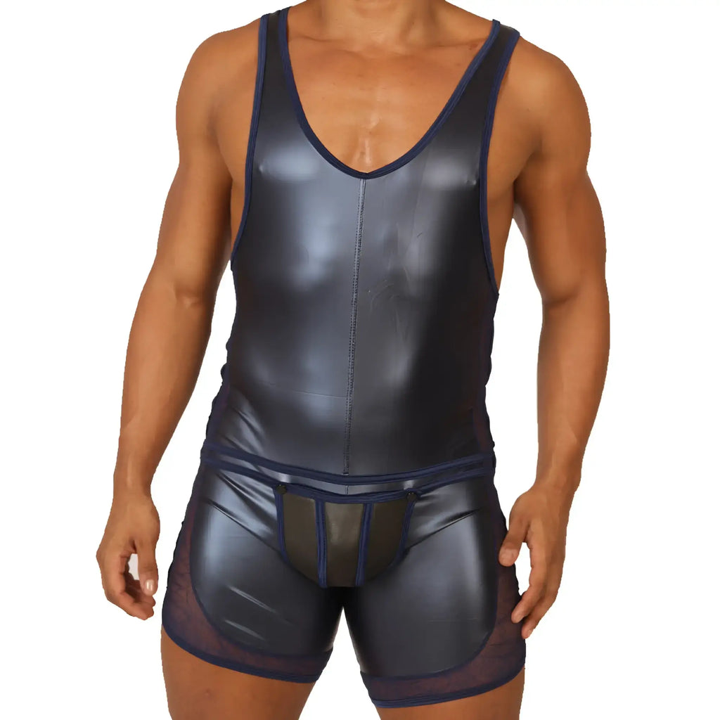 Navy blue shiny latex wrestling singlet with mesh panels and matching shorts gigo passione blue body front view