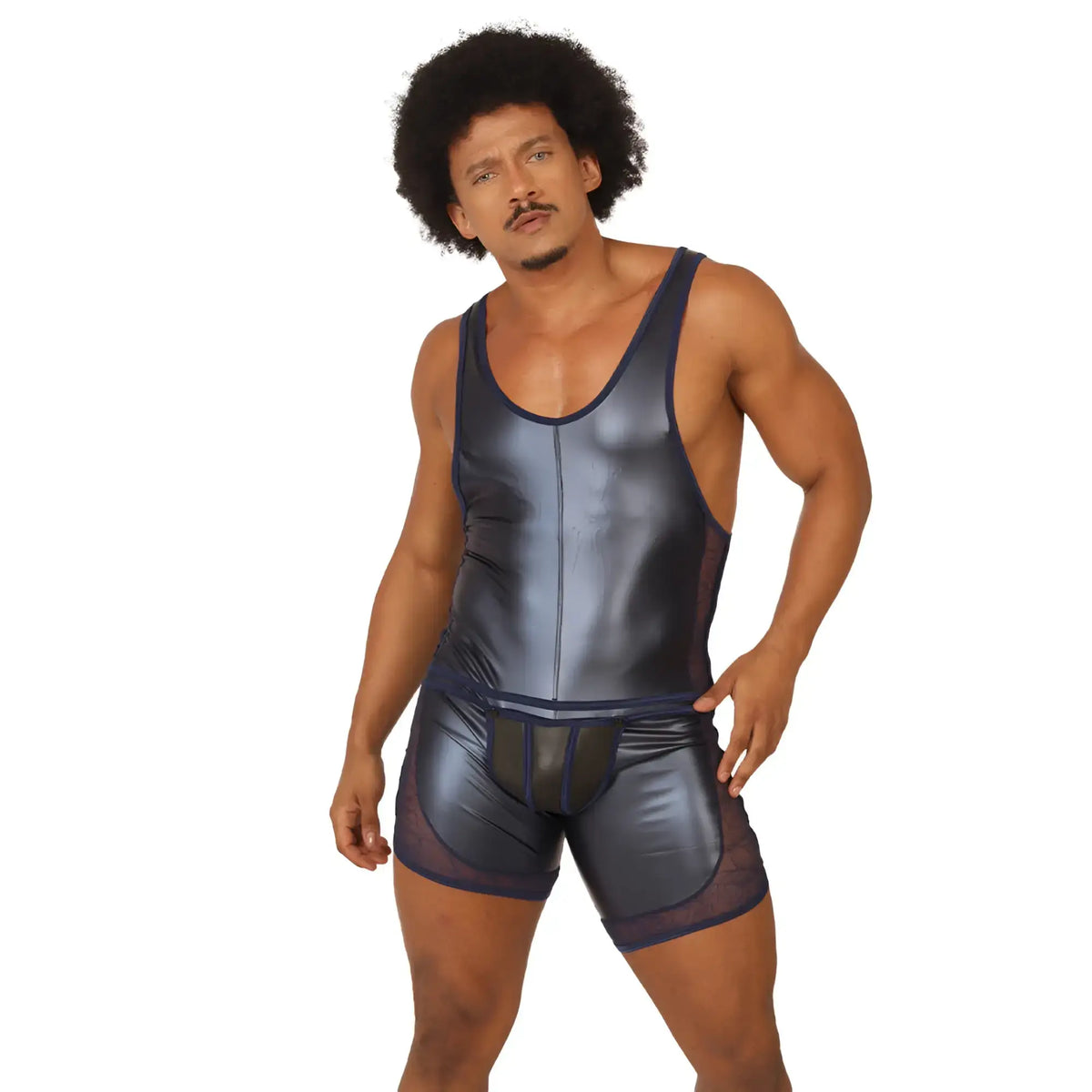 Shiny dark blue metallic one-piece wrestling singlet with mesh panels from gigo passione blue body collection