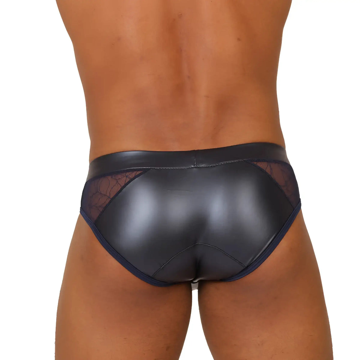 Black patent leather gigo passione blue brief with sheer lace panels on the sides for a stylish fit