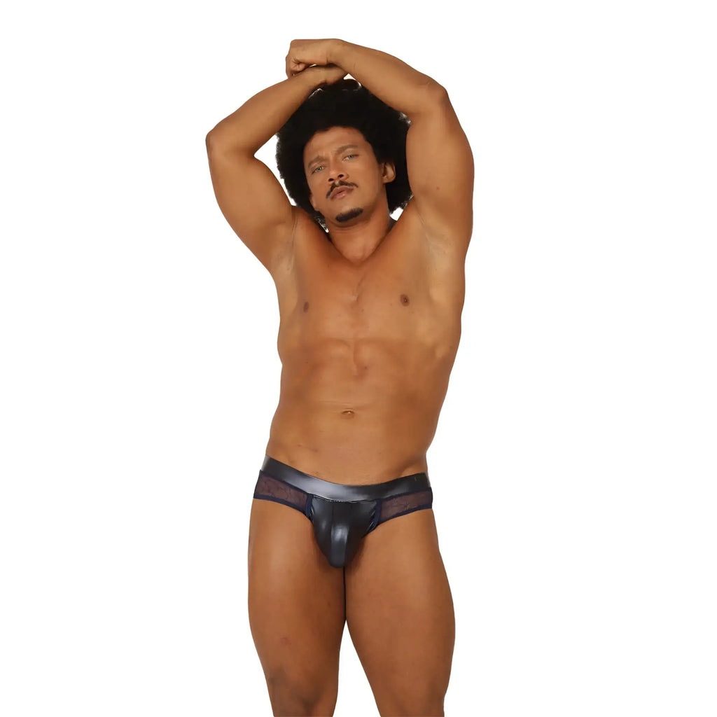 Black metallic Gigo Passione blue brief with sheer mesh panel detailing front view