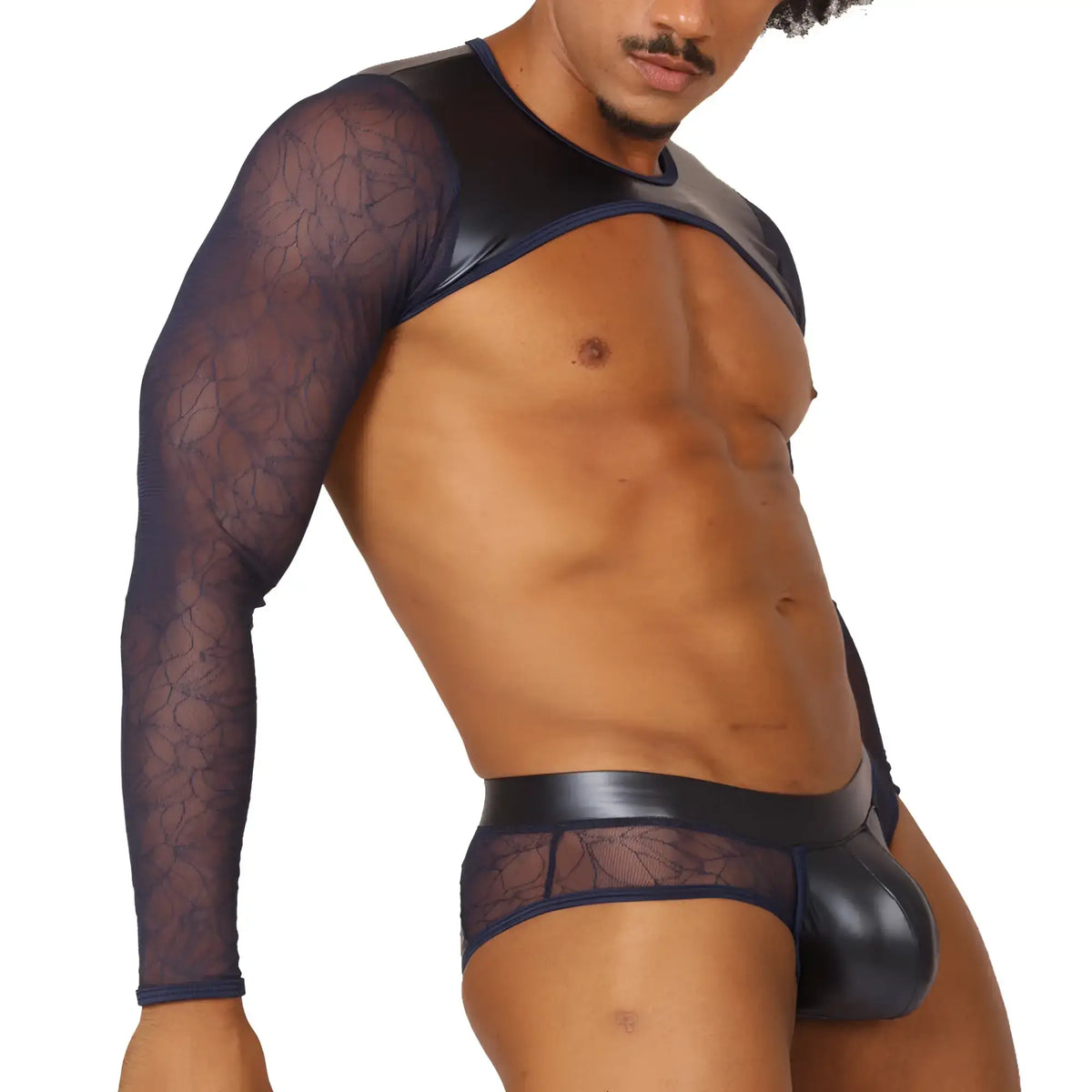 Black lace bodysuit with sheer patterned fabric and glossy vinyl accents in the gigo passione blue harness style