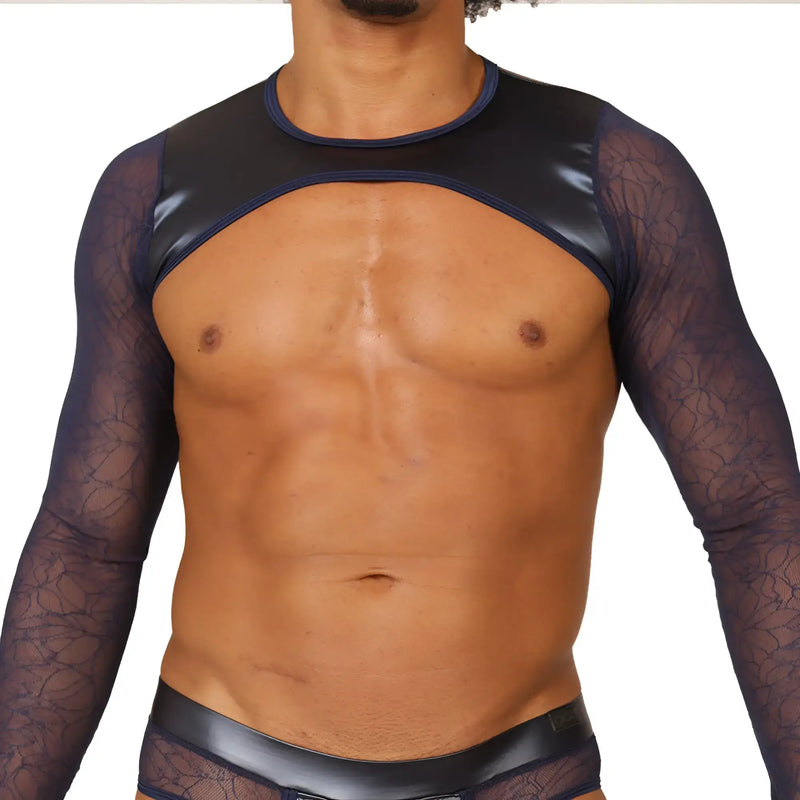 Black latex top with sheer patterned long sleeves and glossy finish in gigo passione blue harness style