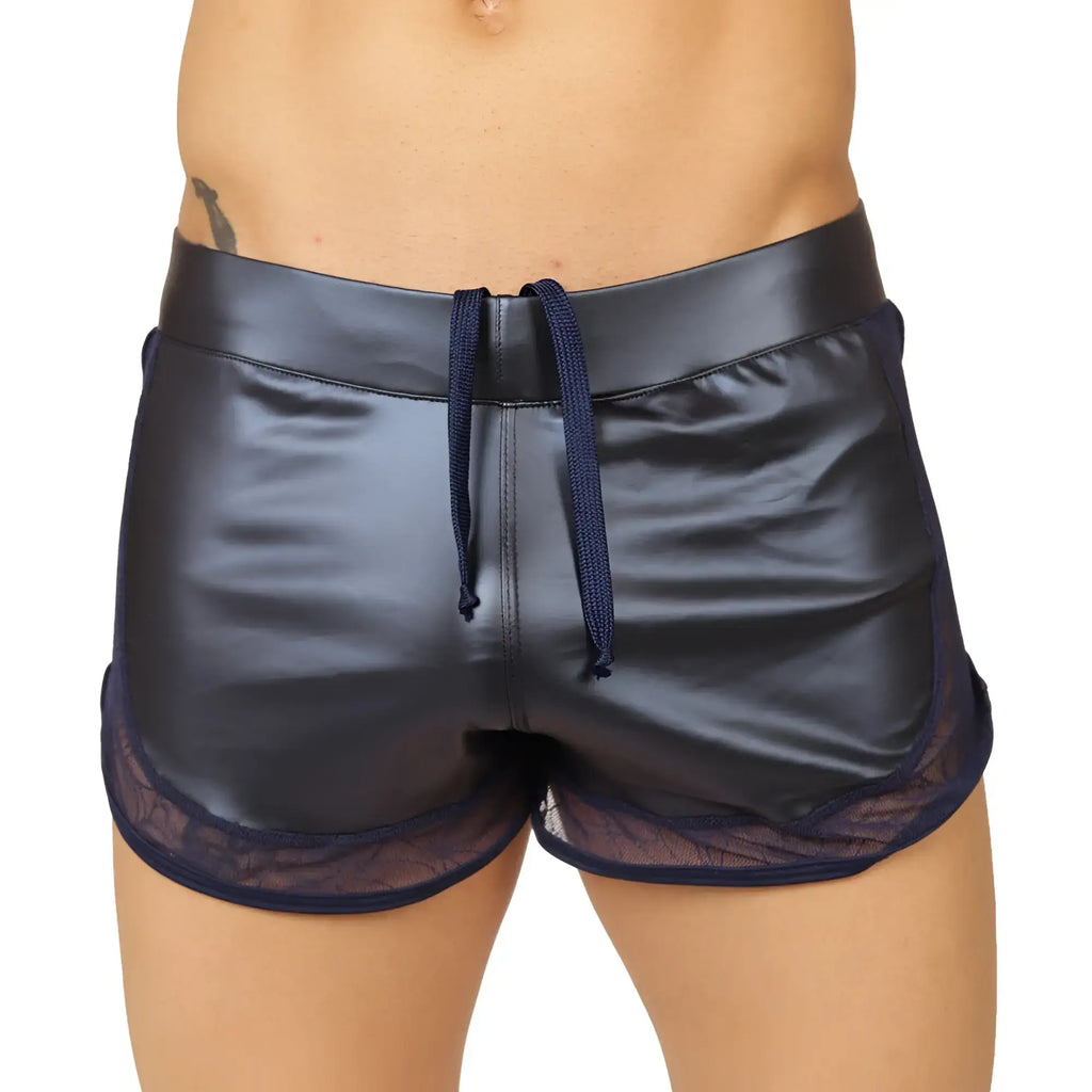 Navy blue shiny faux leather Gigo Passione shorts with sheer lace trim and matching drawstring waistband