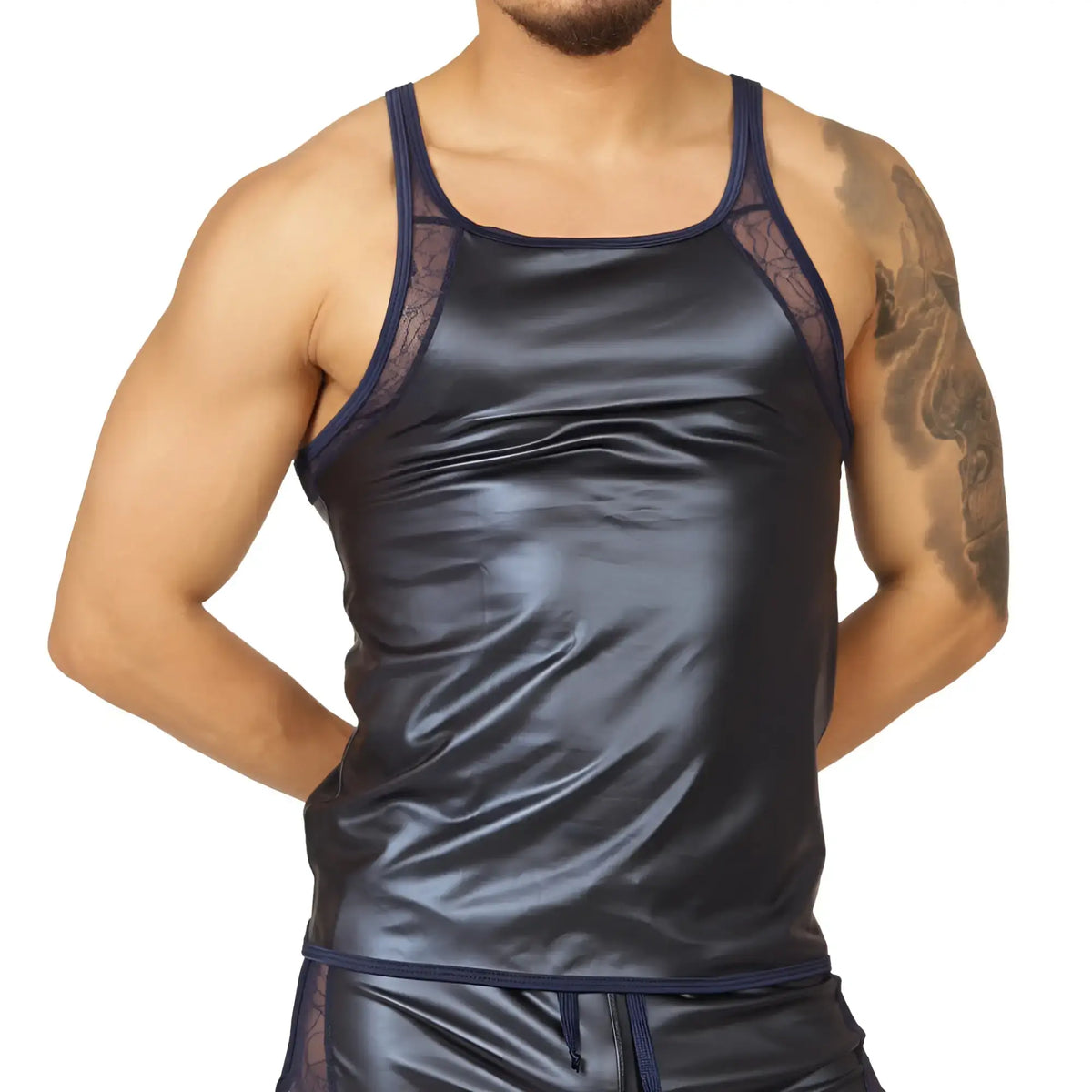Black satin Gigo Passione Blue tank top with sheer lace trim along shoulders and sides for elegant wear